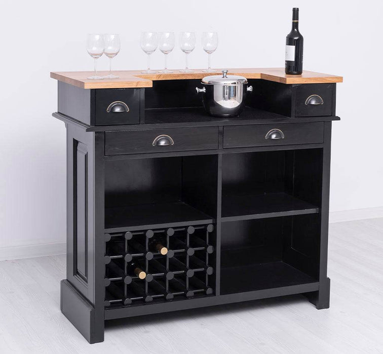 Vintage Weinbar aus Massivholz mit Flaschenfach für 15 Flaschen - Pinie geflammt und gebürstet - Blau