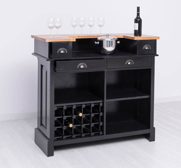 Vintage Weinbar aus Massivholz mit Flaschenfach für 15 Flaschen - Pinie geflammt und gebürstet - Blau