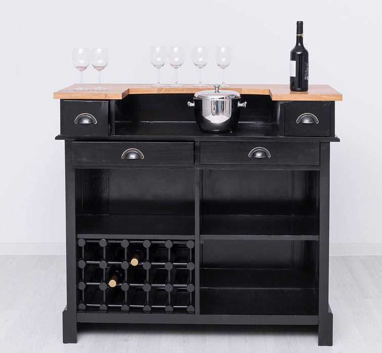Vintage Weinbar aus Massivholz mit Flaschenfach für 15 Flaschen - Pinie geflammt und gebürstet - Blau