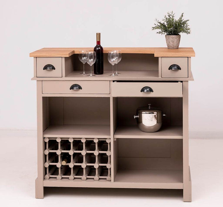 Vintage Weinbar aus Massivholz mit Flaschenfach für 15 Flaschen - Pinie geflammt und gebürstet - Blau