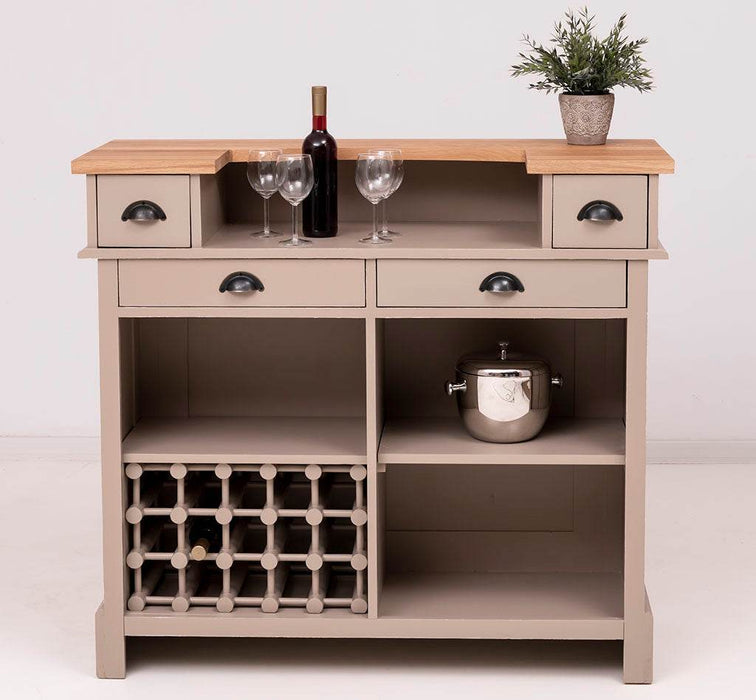 Vintage Weinbar aus Massivholz mit Flaschenfach für 15 Flaschen - Pinie geflammt und gebürstet - Blau