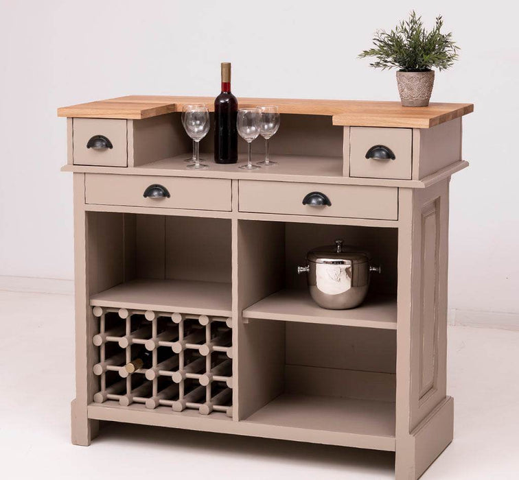 Vintage Weinbar aus Massivholz mit Flaschenfach für 15 Flaschen - Pinie geflammt und gebürstet - Blau