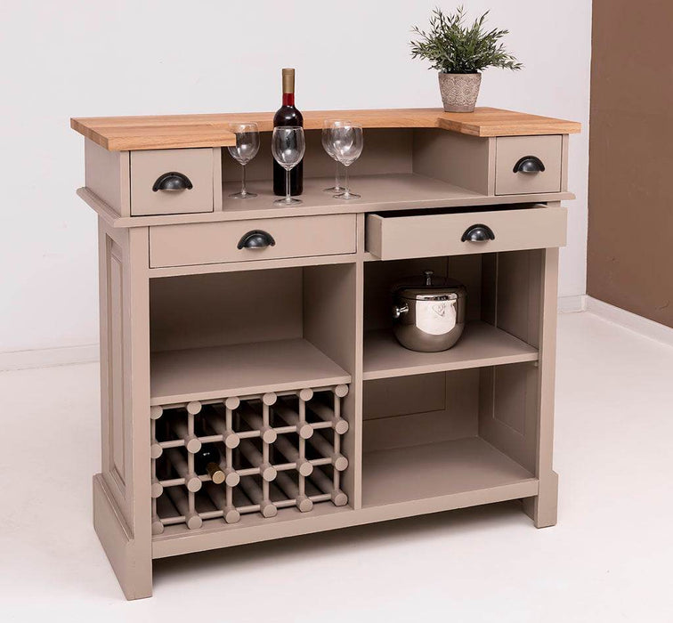 Vintage Weinbar aus Massivholz mit Flaschenfach für 15 Flaschen - Pinie geflammt und gebürstet - Blau
