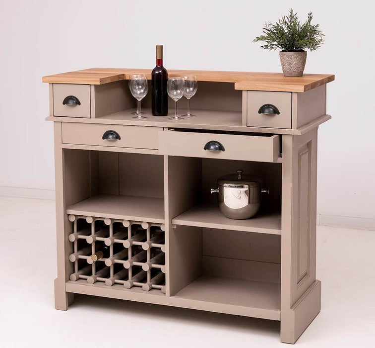 Vintage Weinbar aus Massivholz mit Flaschenfach für 15 Flaschen - Pinie geflammt und gebürstet - Blau