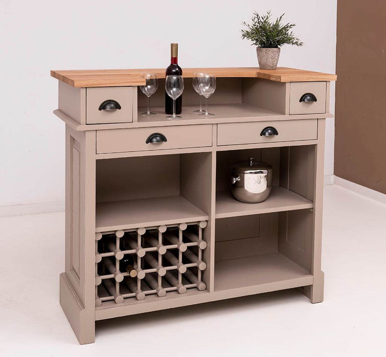 Vintage Weinbar aus Massivholz mit Flaschenfach für 15 Flaschen - Pinie geflammt und gebürstet - Blau