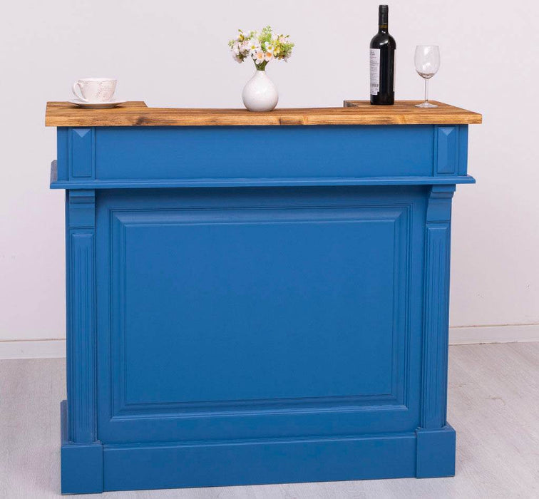 Vintage Weinbar aus Massivholz mit Flaschenfach für 15 Flaschen - Pinie geflammt und gebürstet - Blau
