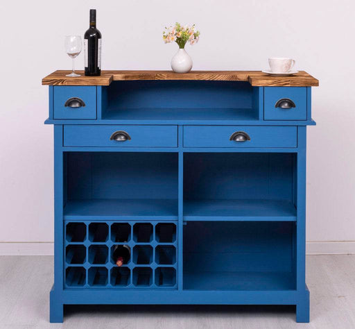 Vintage Weinbar aus Massivholz mit Flaschenfach für 15 Flaschen - Pinie geflammt und gebürstet - Blau
