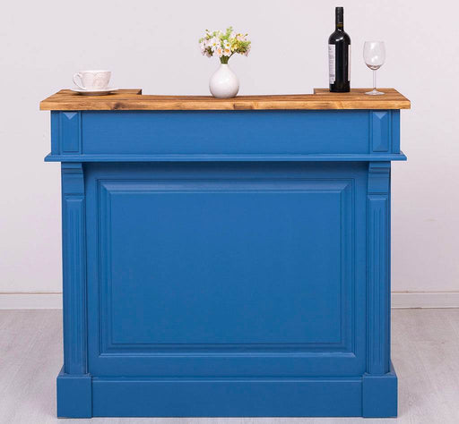 Vintage Weinbar aus Massivholz mit Flaschenfach für 15 Flaschen - Pinie geflammt und gebürstet - Blau