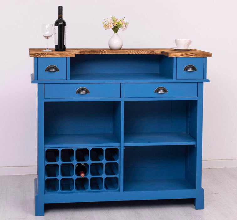 Vintage Weinbar aus Massivholz mit Flaschenfach für 15 Flaschen - Pinie geflammt und gebürstet - Blau
