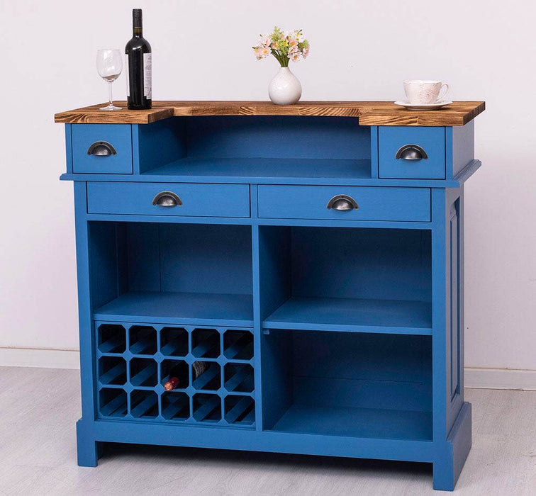 Vintage Weinbar aus Massivholz mit Flaschenfach für 15 Flaschen - Pinie geflammt und gebürstet - Blau