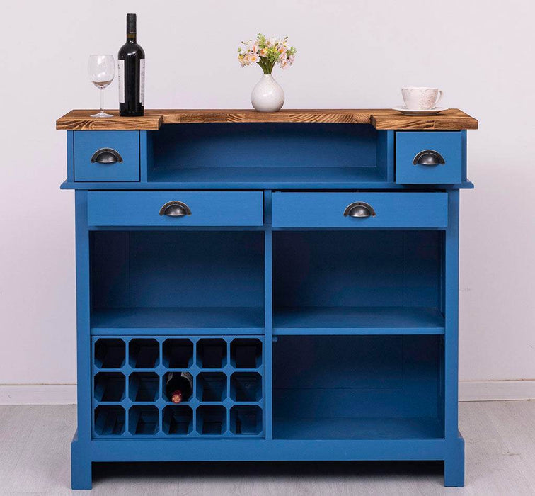 Vintage Weinbar aus Massivholz mit Flaschenfach für 15 Flaschen - Pinie geflammt und gebürstet - Blau