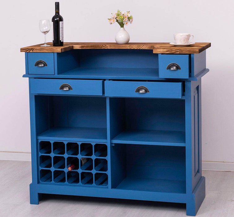 Vintage Weinbar aus Massivholz mit Flaschenfach für 15 Flaschen - Pinie geflammt und gebürstet - Blau