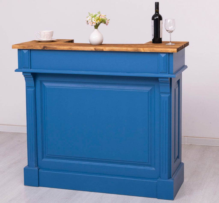 Vintage Weinbar aus Massivholz mit Flaschenfach für 15 Flaschen - Pinie geflammt und gebürstet - Blau