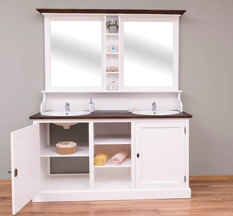 Waschbeckenschrank aus Massivholz | Badmöbel mit Spiegel | 2-teilig - Vintage | Pinie gebürstet | hell