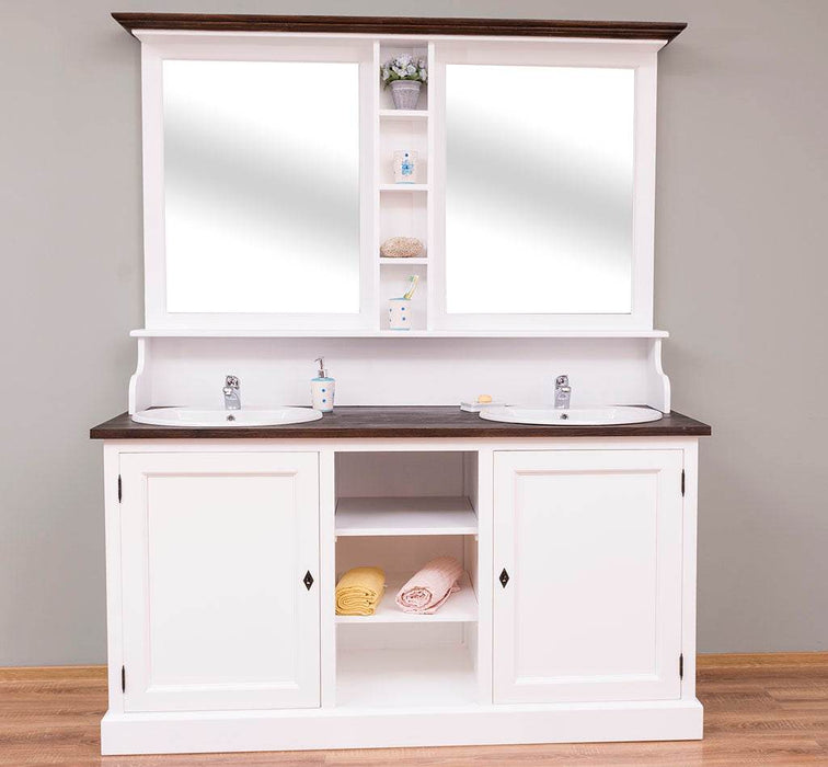 Waschbeckenschrank aus Massivholz | Badmöbel mit Spiegel | 2-teilig - Vintage | Pinie gebürstet | hell