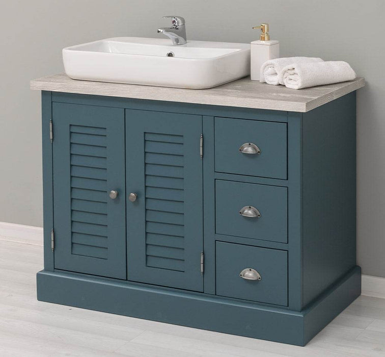 Waschbeckenunterschrank Provence aus Massivholz mit Lamellentüren - Blau - Pinie gebürstet