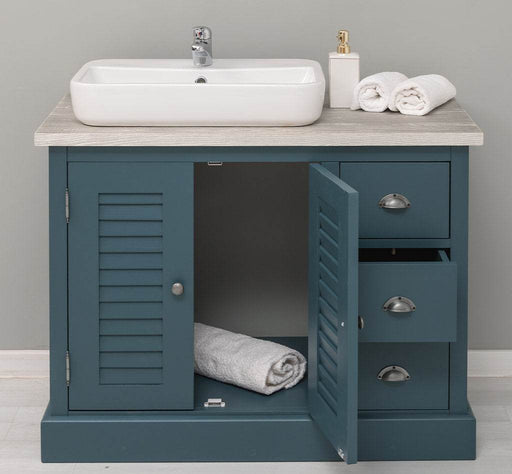Waschbeckenunterschrank Provence aus Massivholz mit Lamellentüren - Blau - Pinie gebürstet