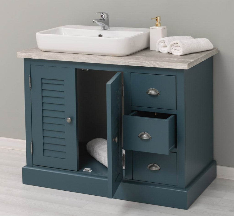 Waschbeckenunterschrank Provence aus Massivholz mit Lamellentüren - Blau - Pinie gebürstet
