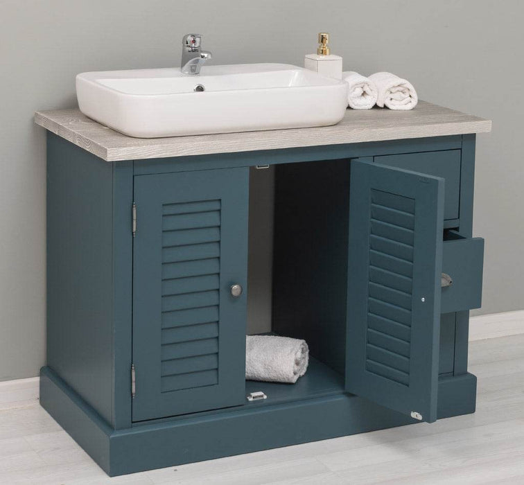 Waschbeckenunterschrank Provence aus Massivholz mit Lamellentüren - Blau - Pinie gebürstet