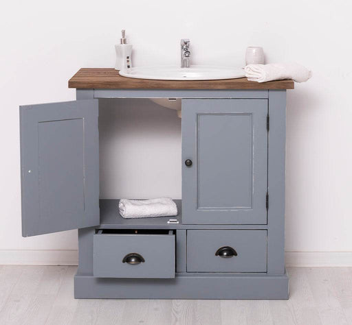 Waschbeckenunterschrank aus Massivholz | Waschtisch mit zwei Schubladen - Pinie gebürstet | Vintage blau