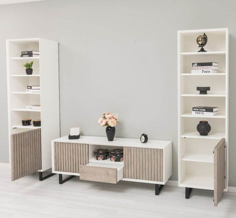 Wohnzimmer-Set mit Akustiklamellen | TV-Board aus Massivholz mit zwei Standregalen - 