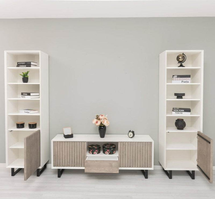 Wohnzimmer-Set mit Akustiklamellen | TV-Board aus Massivholz mit zwei Standregalen - 