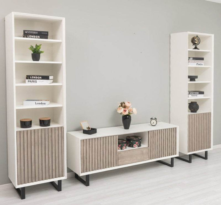 Wohnzimmer-Set mit Akustiklamellen | TV-Board aus Massivholz mit zwei Standregalen - 