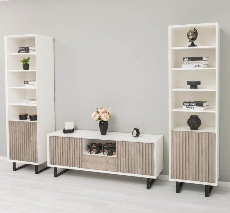 Wohnzimmer-Set mit Akustiklamellen | TV-Board aus Massivholz mit zwei Standregalen - 