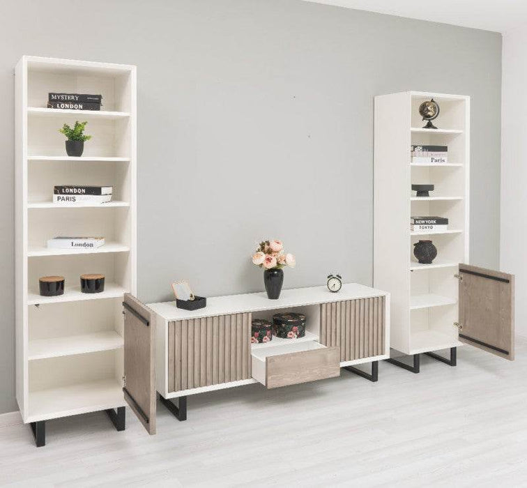 Wohnzimmer-Set mit Akustiklamellen | TV-Board aus Massivholz mit zwei Standregalen - 
