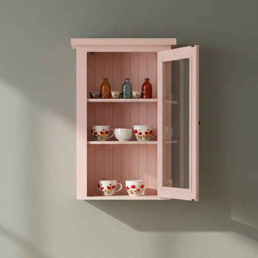 Schmaler Hängeschrank aus Massivholz mit Glastür | Geschirrvitrine hängend - Vintage - Pink