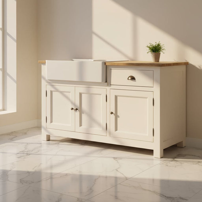 Großer Spültisch aus Massivholz | Küchenmodul mit Spülbeckenaussparung im Landhausstil - Eichenplatte