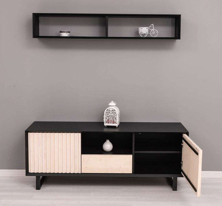 Wohnzimmer-Set | TV-Board aus Massivholz - Flaches Sideboard mit 2 Türen und Schublade und Wandregal