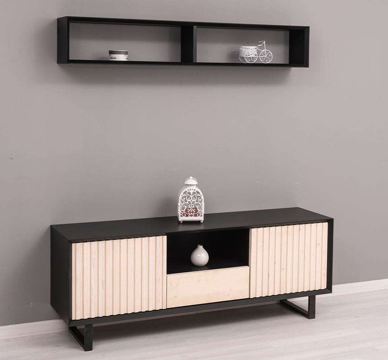 Wohnzimmer-Set | TV-Board aus Massivholz - Flaches Sideboard mit 2 Türen und Schublade und Wandregal