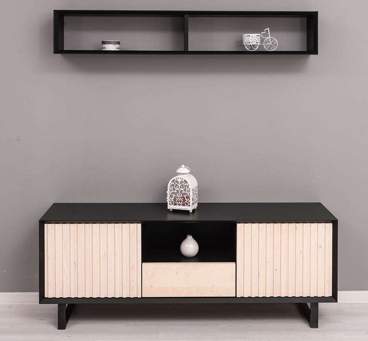 Wohnzimmer-Set | TV-Board aus Massivholz - Flaches Sideboard mit 2 Türen und Schublade und Wandregal