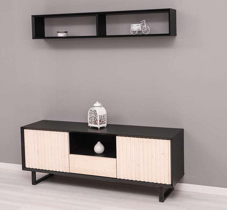 Wohnzimmer-Set | TV-Board aus Massivholz - Flaches Sideboard mit 2 Türen und Schublade und Wandregal