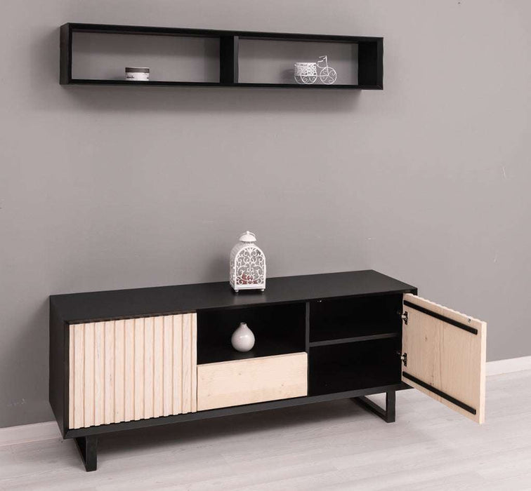 Wohnzimmer-Set | TV-Board aus Massivholz - Flaches Sideboard mit 2 Türen und Schublade und Wandregal