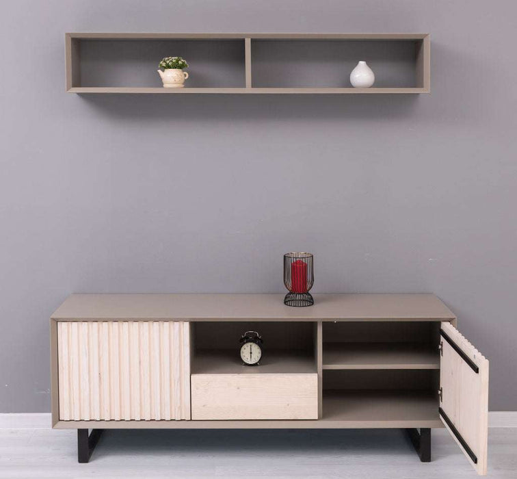 Wohnzimmer-Set | TV-Board aus Massivholz - Flaches Sideboard mit 2 Türen und Schublade und Wandregal