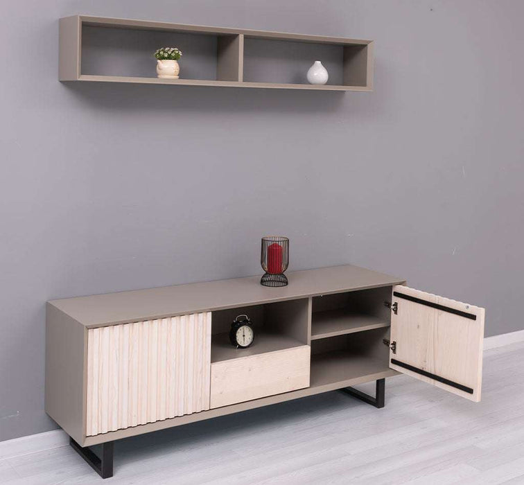 Wohnzimmer-Set | TV-Board aus Massivholz - Flaches Sideboard mit 2 Türen und Schublade und Wandregal