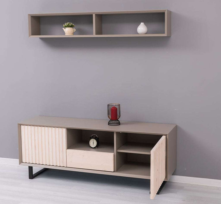 Wohnzimmer-Set | TV-Board aus Massivholz - Flaches Sideboard mit 2 Türen und Schublade und Wandregal