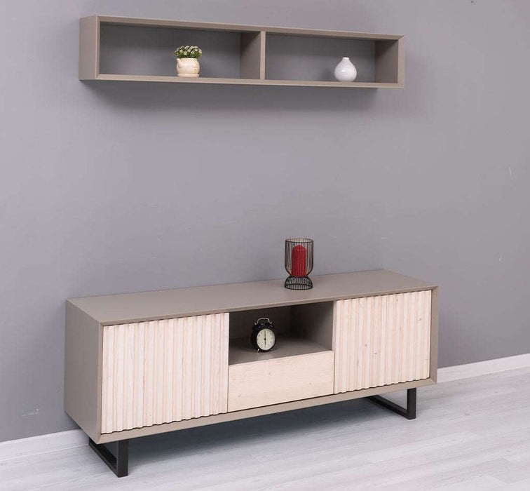 Wohnzimmer-Set | TV-Board aus Massivholz - Flaches Sideboard mit 2 Türen und Schublade und Wandregal