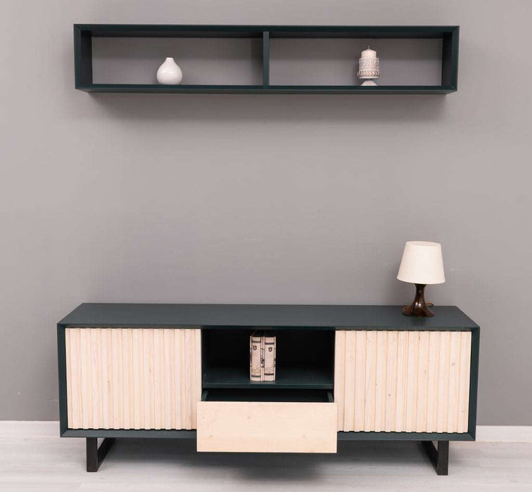 Wohnzimmer-Set | TV-Board aus Massivholz - Flaches Sideboard mit 2 Türen und Schublade und Wandregal