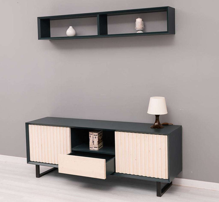 Wohnzimmer-Set | TV-Board aus Massivholz - Flaches Sideboard mit 2 Türen und Schublade und Wandregal