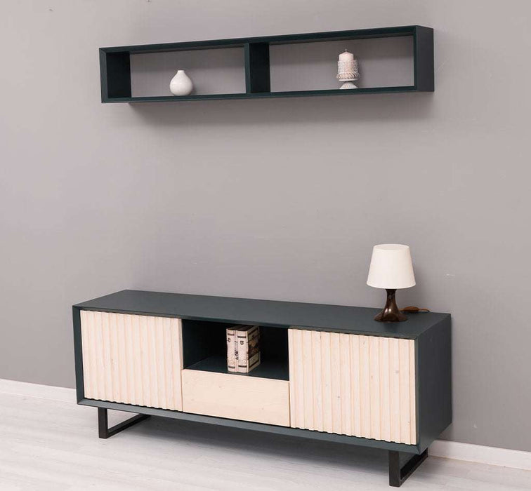 Wohnzimmer-Set | TV-Board aus Massivholz - Flaches Sideboard mit 2 Türen und Schublade und Wandregal