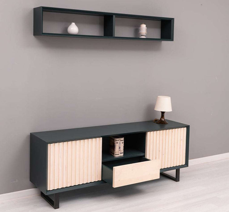 Wohnzimmer-Set | TV-Board aus Massivholz - Flaches Sideboard mit 2 Türen und Schublade und Wandregal