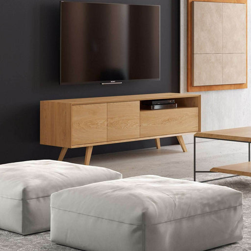 TV-Board aus massiver Eiche in drei Größen | Zweitüriges Sideboard Quatro mit Schublade - 160 x 50 x 65