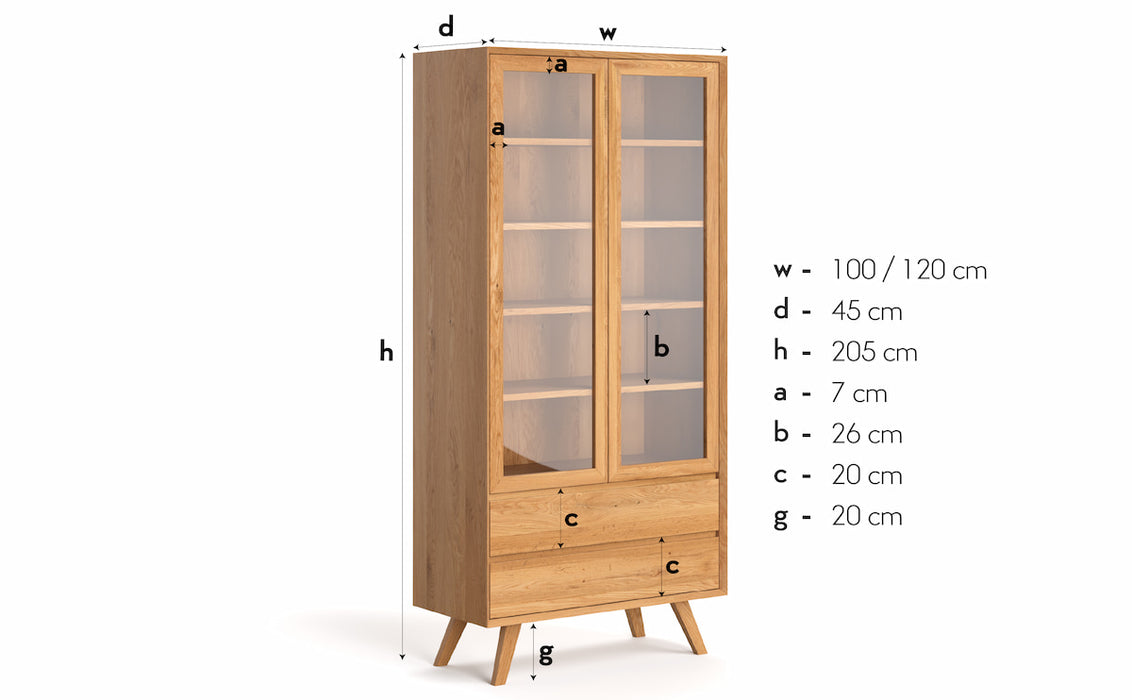 Große Standvitrine Quatro aus massiver Wildeiche mit zwei Schubladen