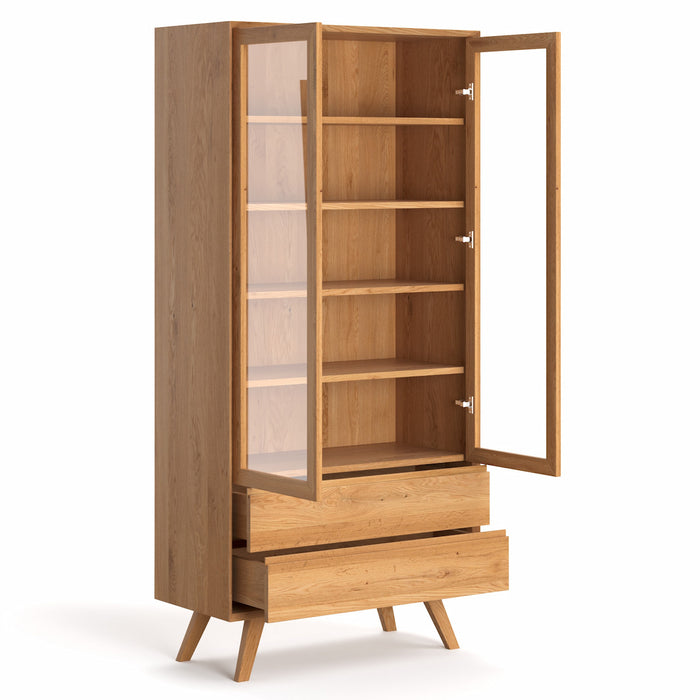 Große Standvitrine Quatro aus massiver Wildeiche mit zwei Schubladen