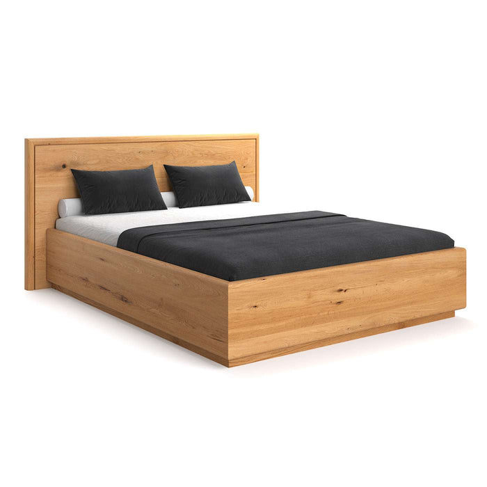 Schlafzimmer-Set | Massives Bett aus Eiche mit Bettkasten | VALOR und 2x Moon Beistelltisch