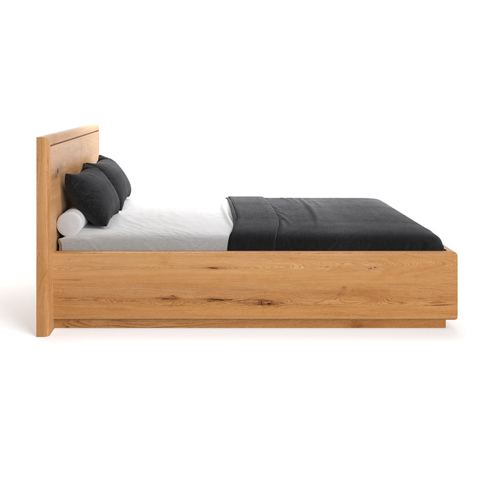 Schlafzimmer-Set | Massives Bett aus Eiche mit Bettkasten | VALOR und 2x Moon Beistelltisch