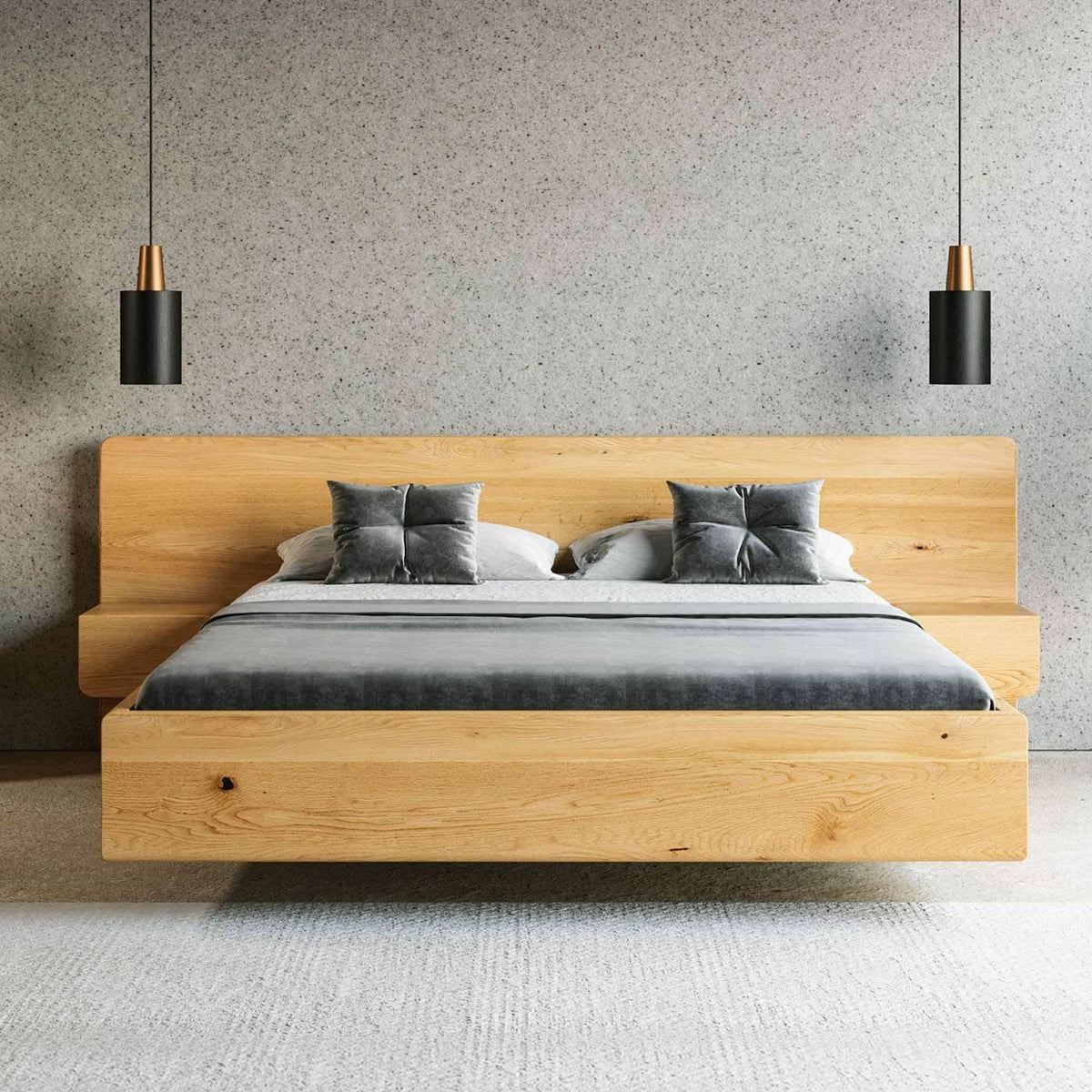 Schwebebett Wide – Massivholz Eiche mit integrierten Nachttischen ...